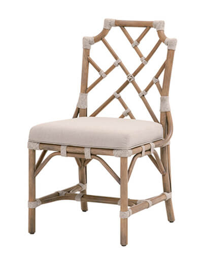 Wooden arm chair with a white upholstered seat and brick pattern wood rods